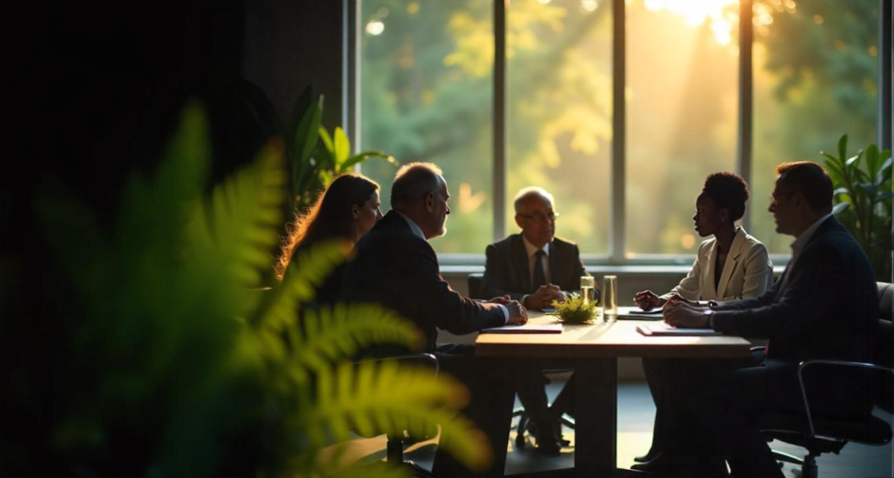 Executive team in focused conversation with plants in foreground